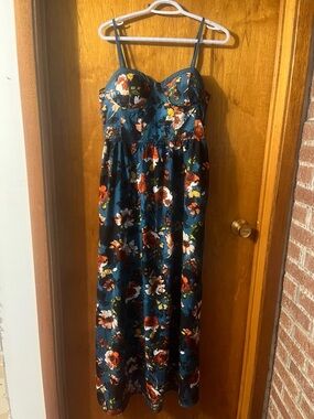 Woman’s Floral Satin Maxi Dress in Teal - Sleeveless Spaghetti Strap Large